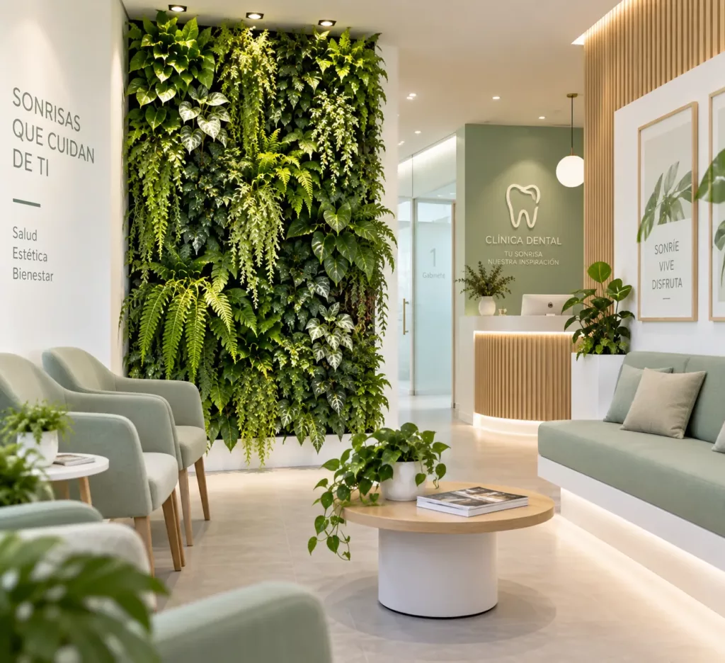 Zona de espera y descanso con sillones y un jardín vertical en la pared
