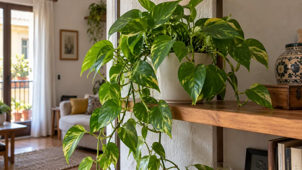 Poto variegado colgante en una estantería luminosa