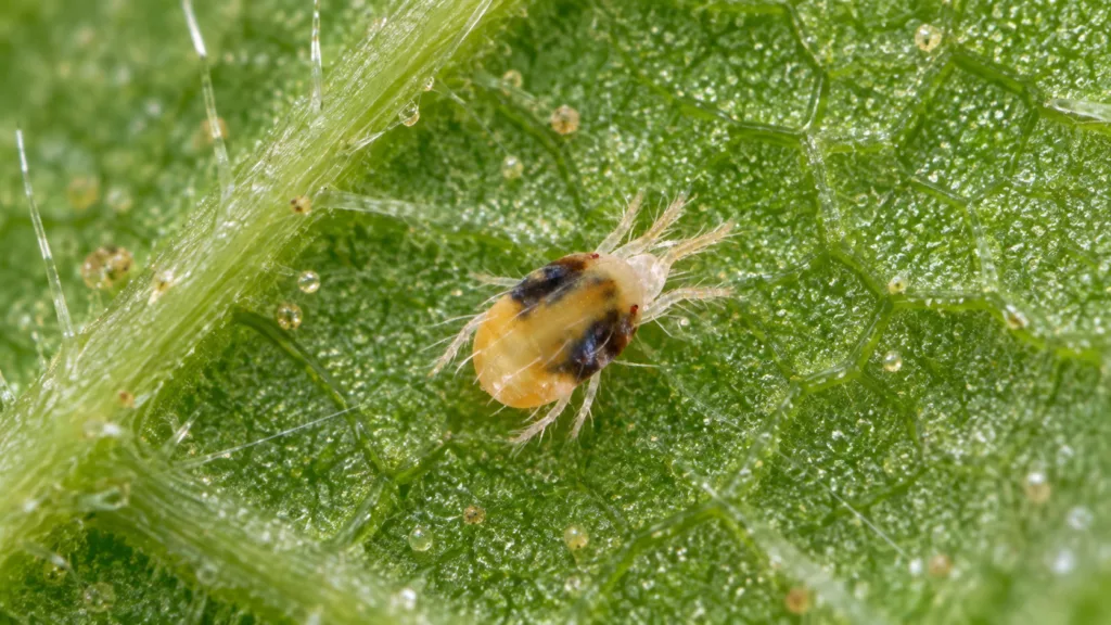 Araña roja y telillas finas en el envés de una hoja