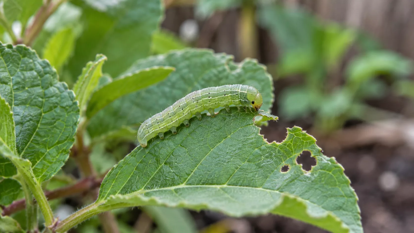 Oruga alimentándose de una hoja con agujeros
