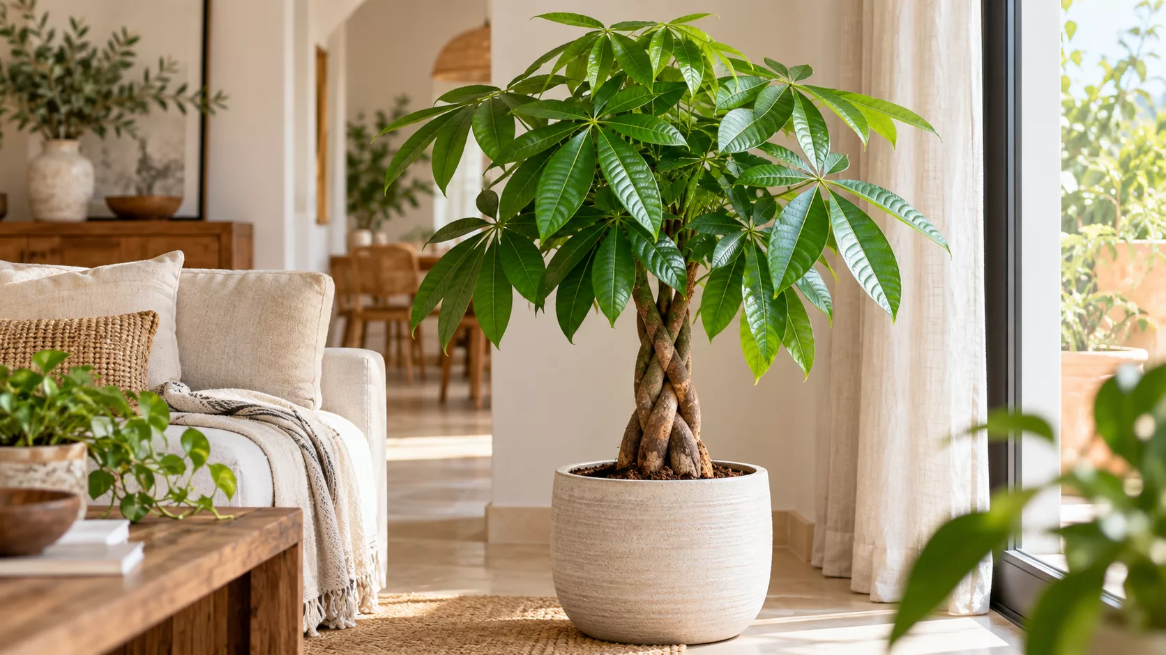 Árbol del dinero Pachira aquatica junto a una ventana luminosa