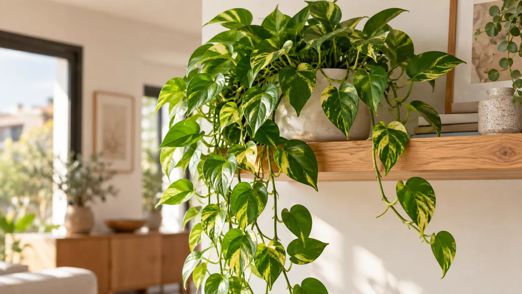 Poto variegado colgante en un salón luminoso