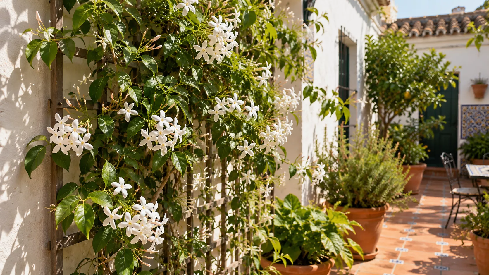 Jazmín en flor creciendo en una terraza luminosa