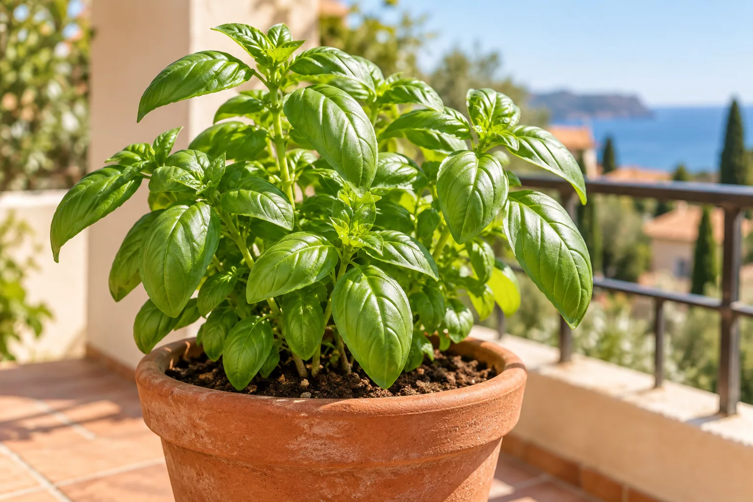 Planta de albahaca en una maceta de barro