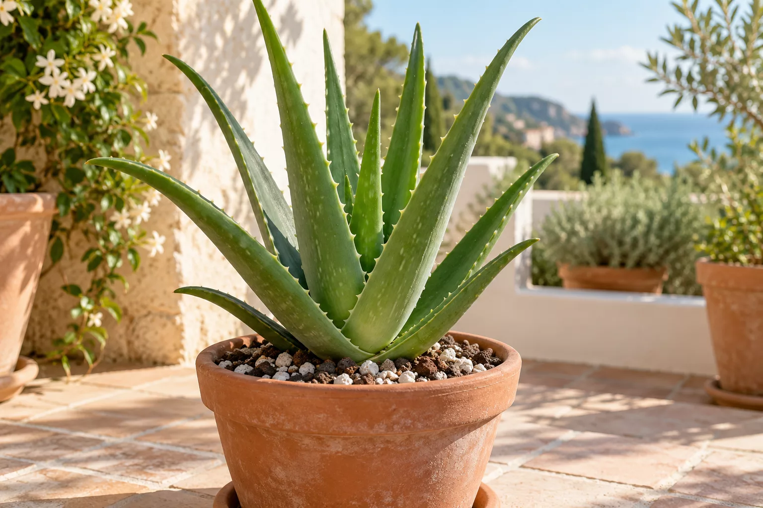 Aloe vera en una maceta de barro con mezcla aireada