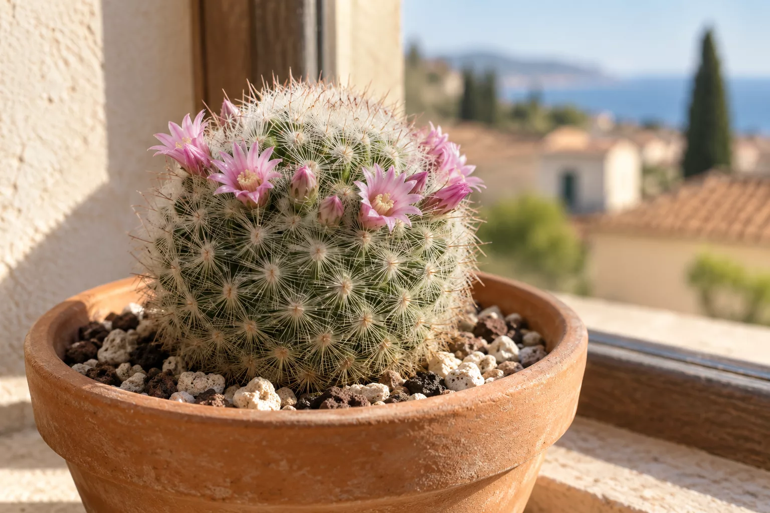Cactus Mammillaria en flor en una maceta de barro junto a una ventana