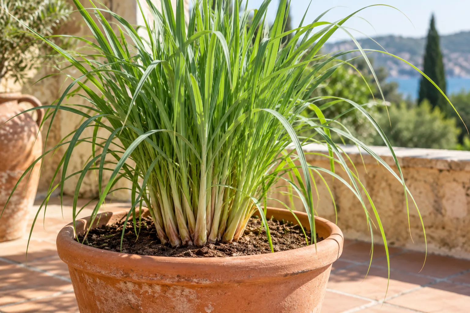 Hierba limón o citronela en una maceta grande