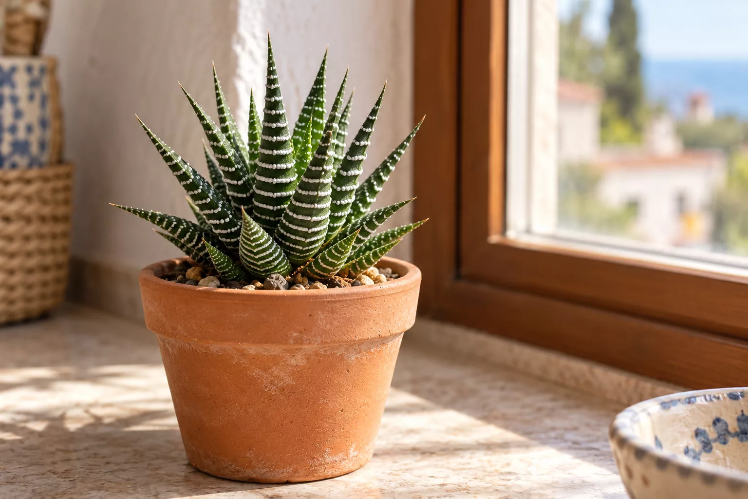 Haworthia de hojas verdes con bandas blancas en una maceta junto a una ventana