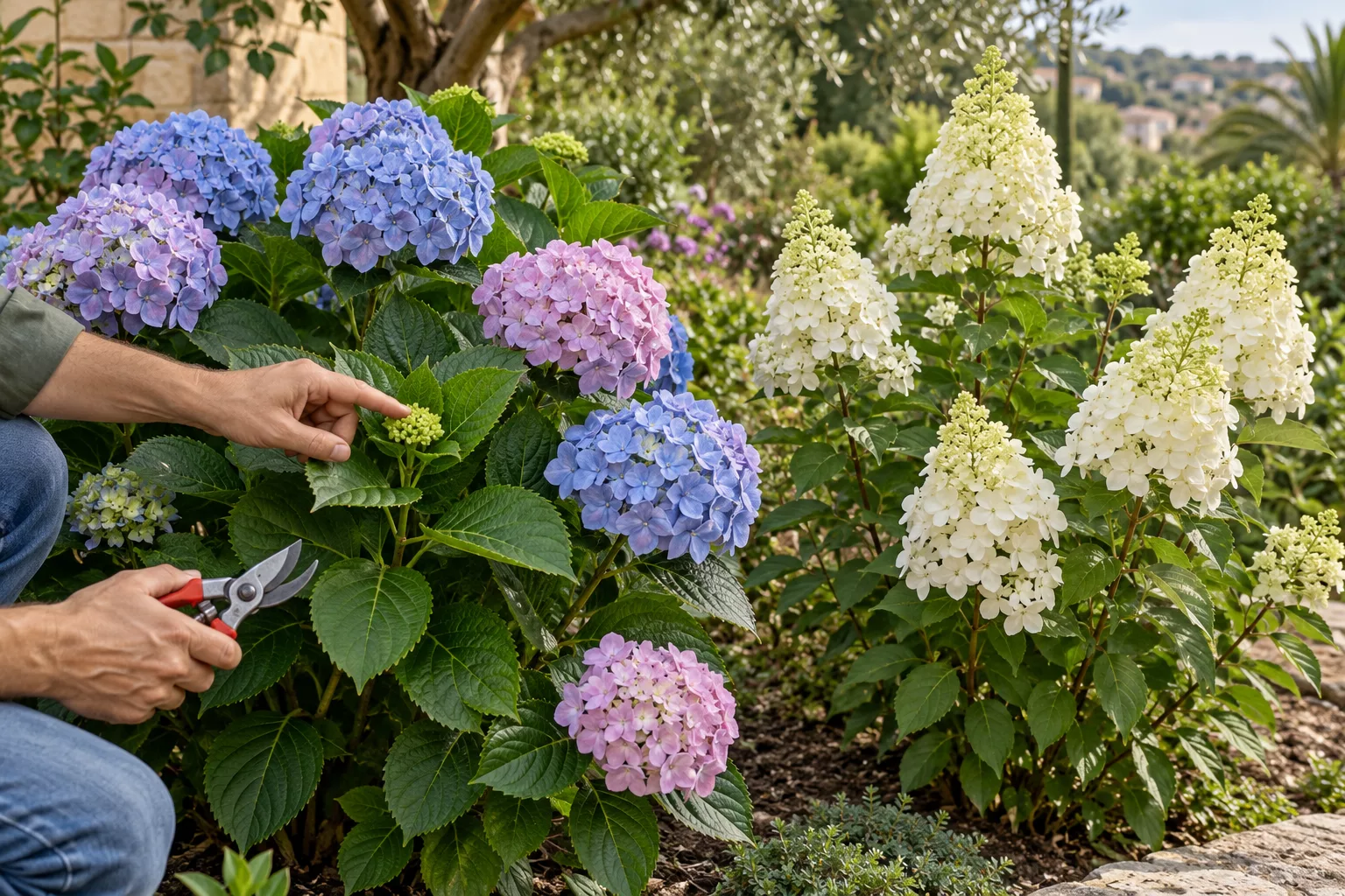 Hortensia de hoja grande con flores redondas y hortensia paniculata con flores cónicas