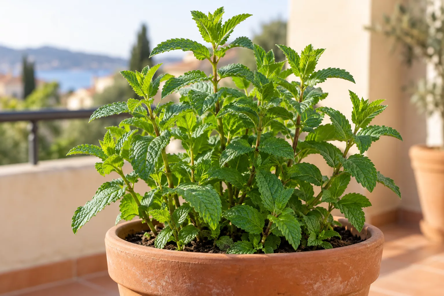 Planta de menta en una maceta de barro independiente