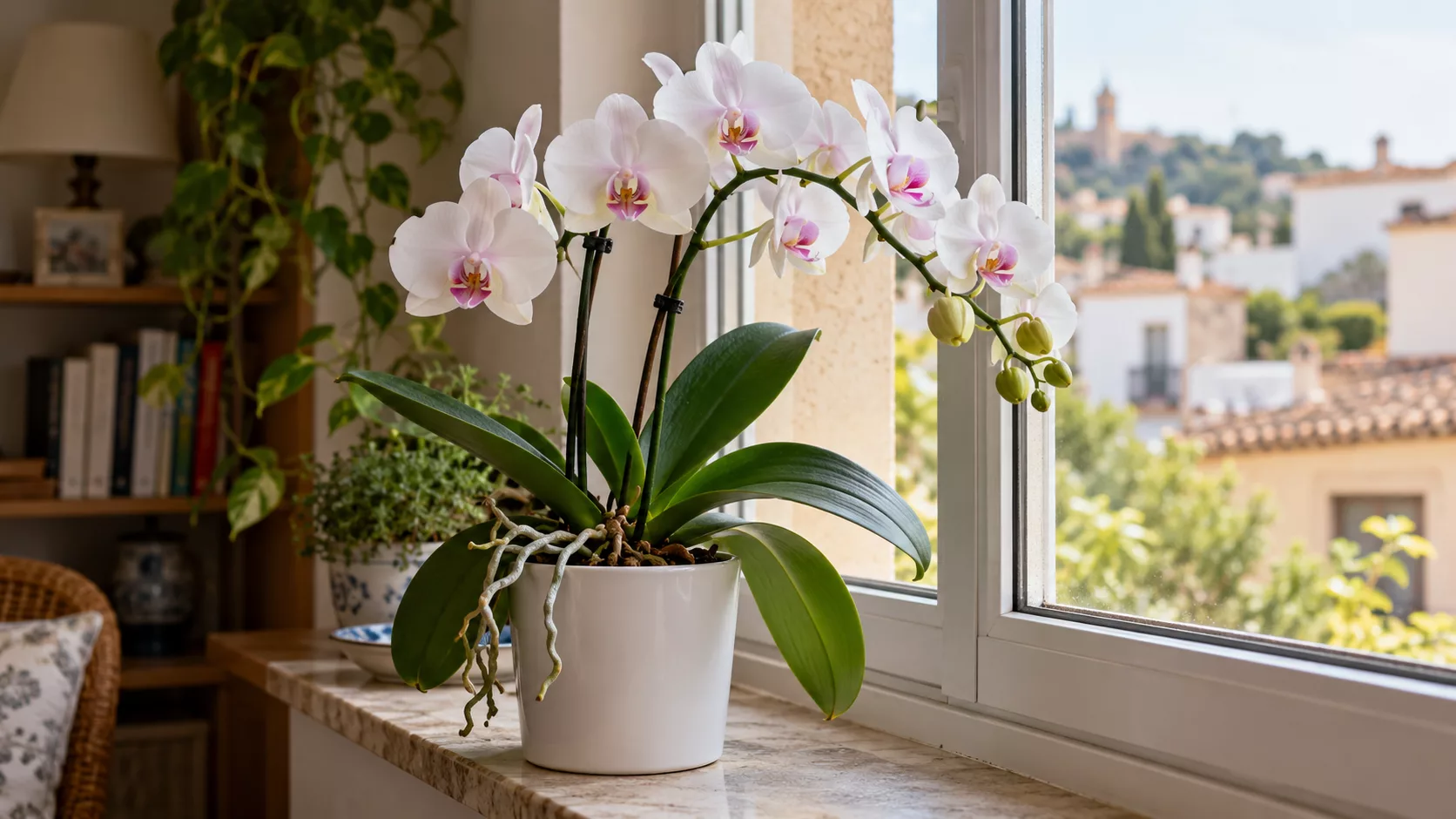 Orquídea Phalaenopsis blanca junto a una ventana luminosa