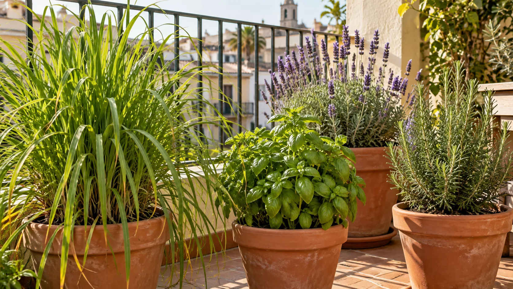 Macetas de hierba limón, albahaca, lavanda y romero en una terraza soleada