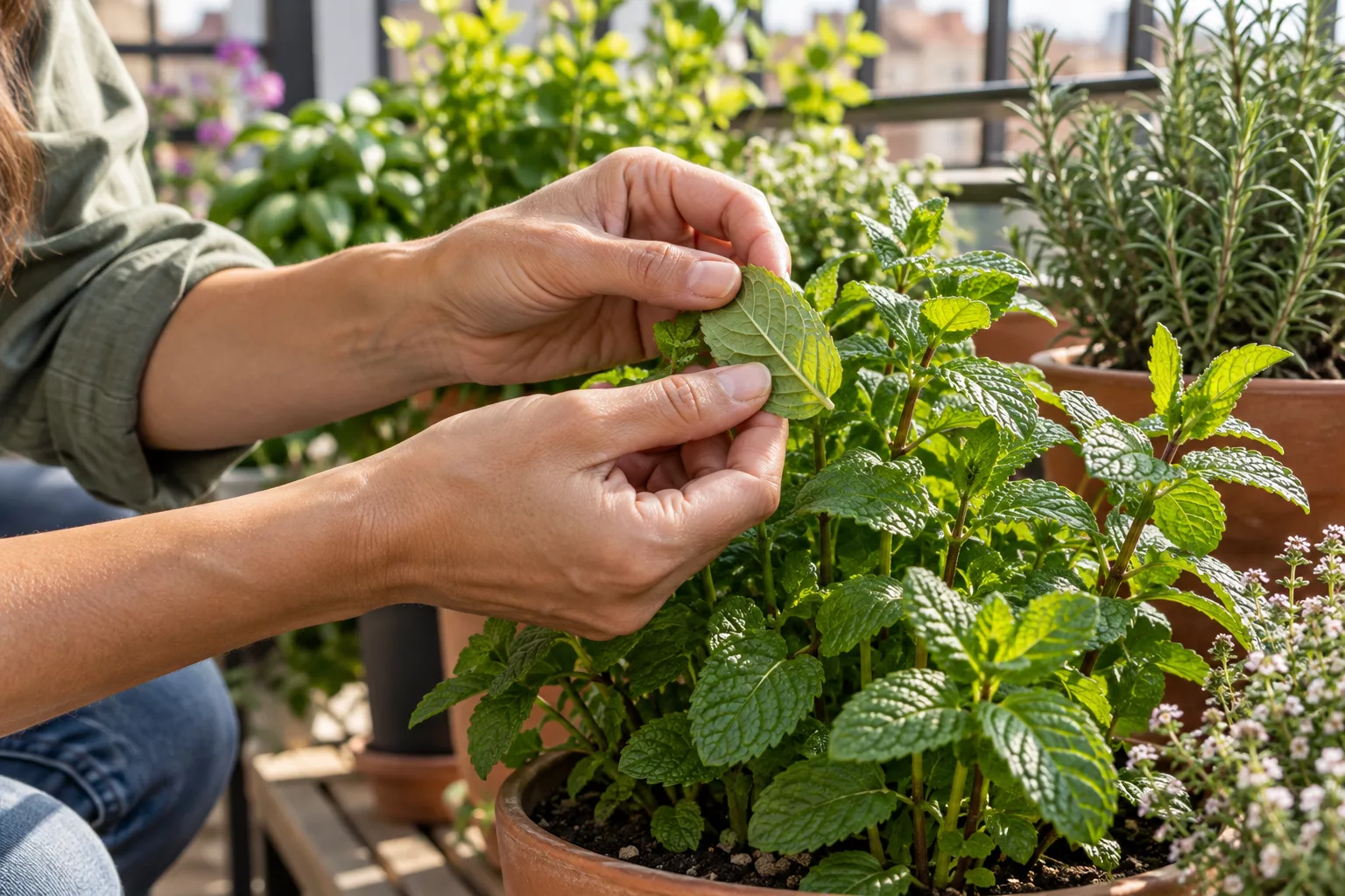 Persona revisando la parte inferior de una hoja de menta