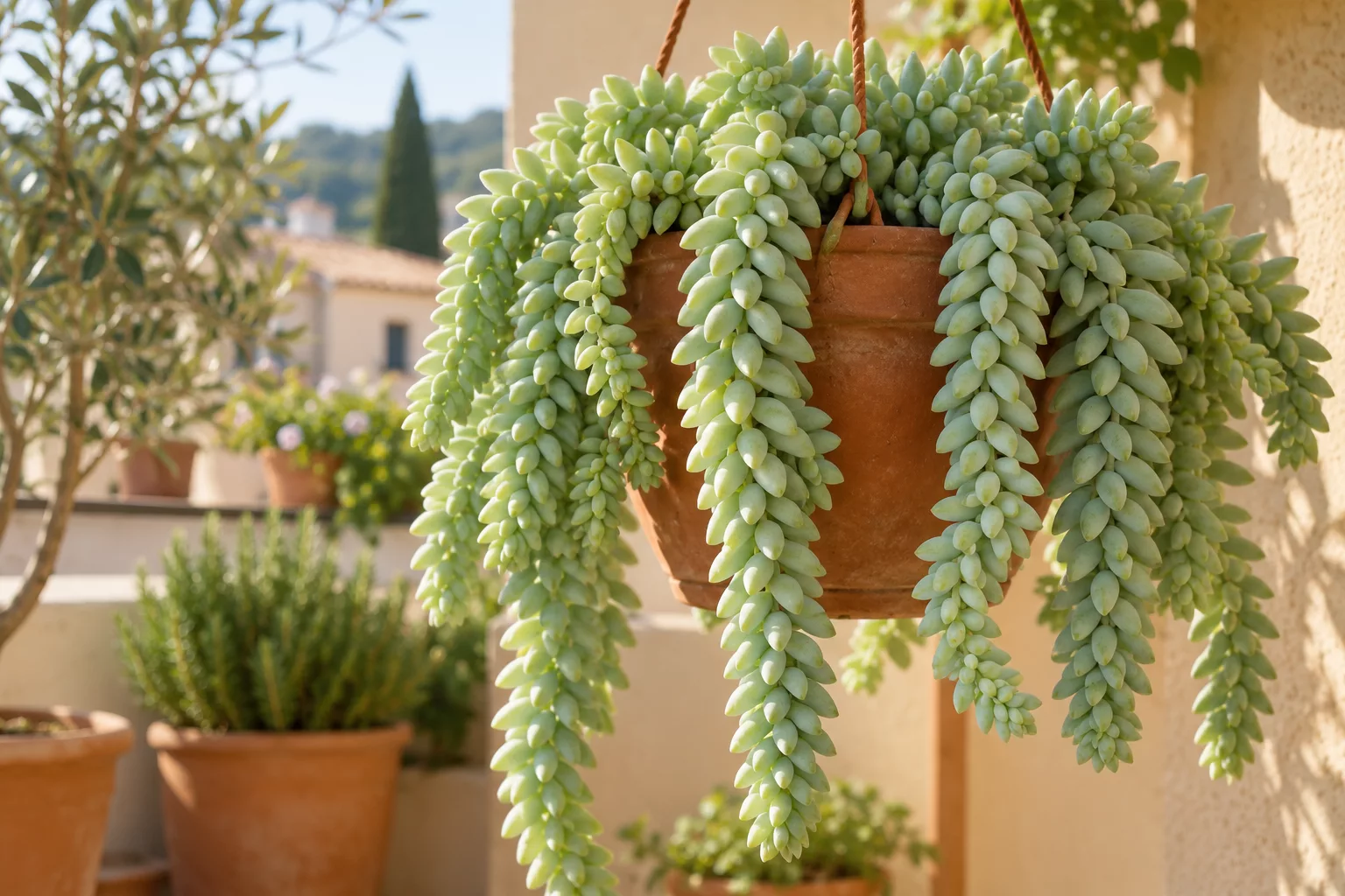 Sedum morganianum colgante en una maceta de barro