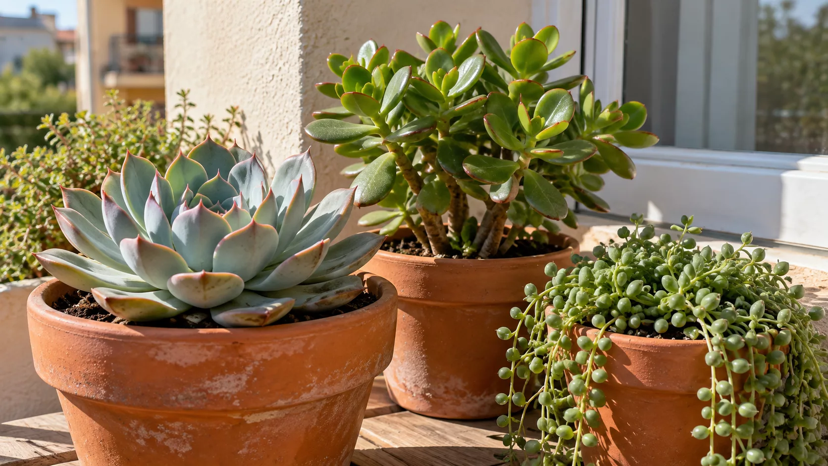 Echeveria, árbol de jade y planta colgante en macetas de barro junto a una ventana